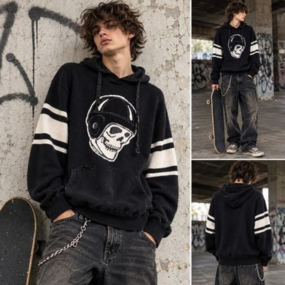 Vintage Echo Unlimited Sz XL Distressed Black Skull Knit Hoodie Sweater Y2K